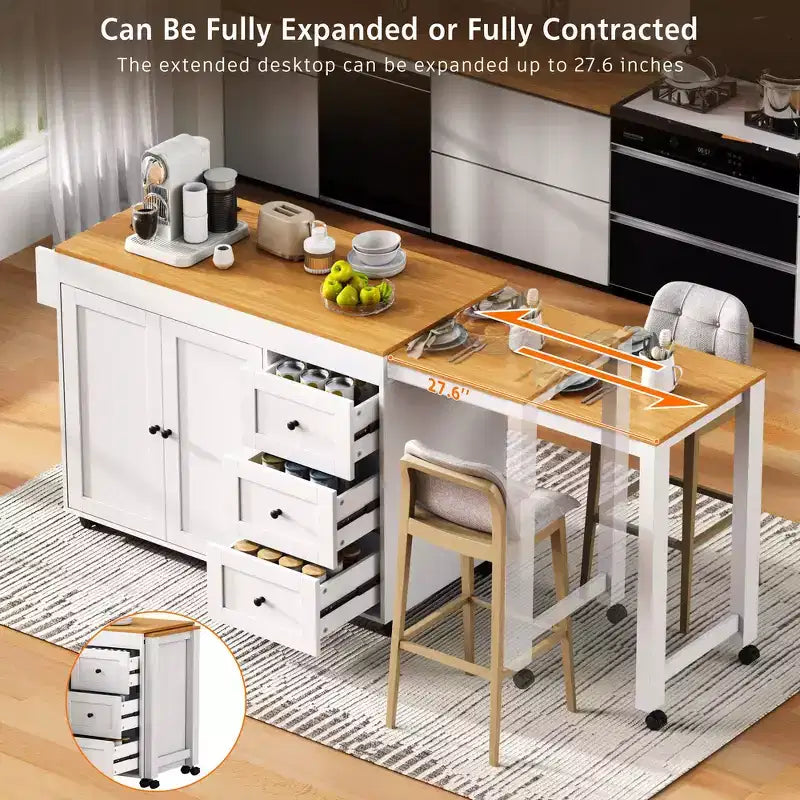 Îlot de cuisine avec table à manger extensible, 3 tiroirs, prise électrique, étagère à épices et placard