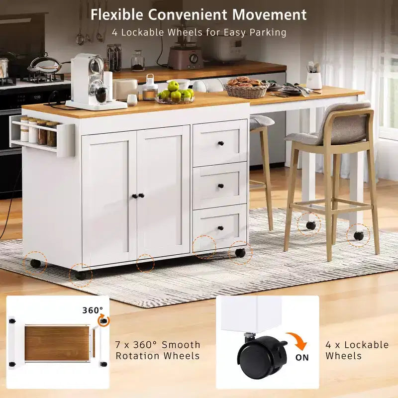 Îlot de cuisine avec table à manger extensible, 3 tiroirs, prise électrique, étagère à épices et placard