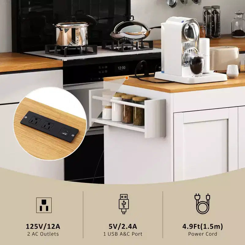Îlot de cuisine avec table à manger extensible, 3 tiroirs, prise électrique, étagère à épices et placard