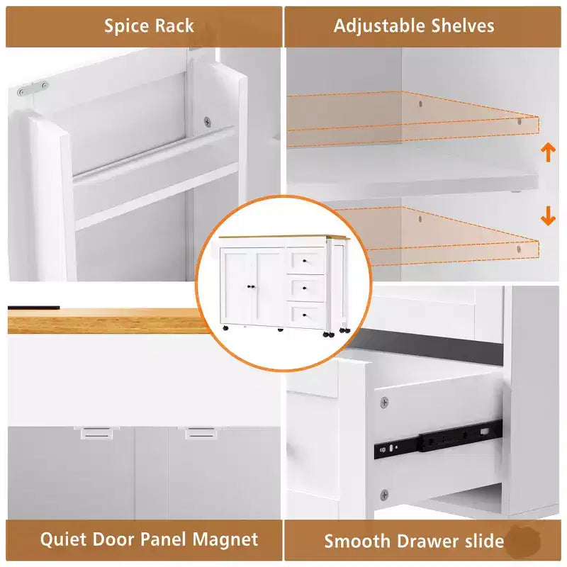 Îlot de cuisine avec table à manger extensible, 3 tiroirs, prise électrique, étagère à épices et placard