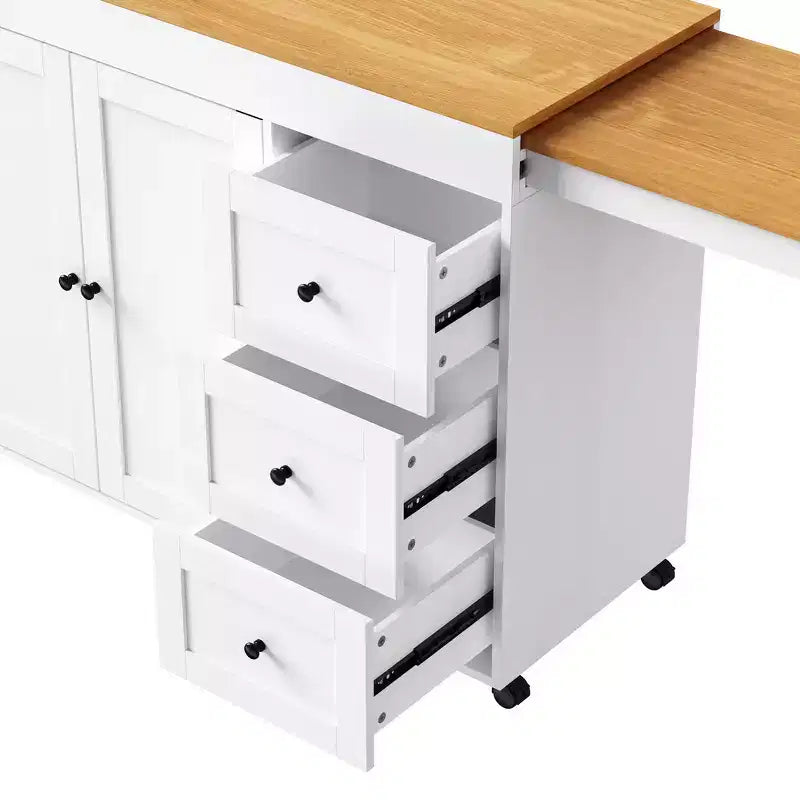 Îlot de cuisine avec table à manger extensible, 3 tiroirs, prise électrique, étagère à épices et placard