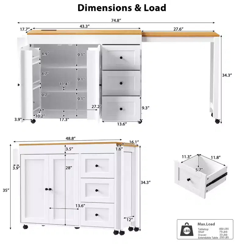 Îlot de cuisine avec table à manger extensible, 3 tiroirs, prise électrique, étagère à épices et placard
