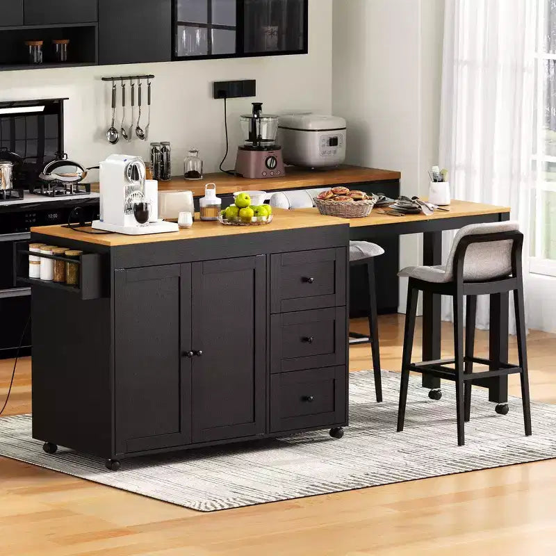 Îlot de cuisine avec table à manger extensible, 3 tiroirs, prise électrique, étagère à épices et placard