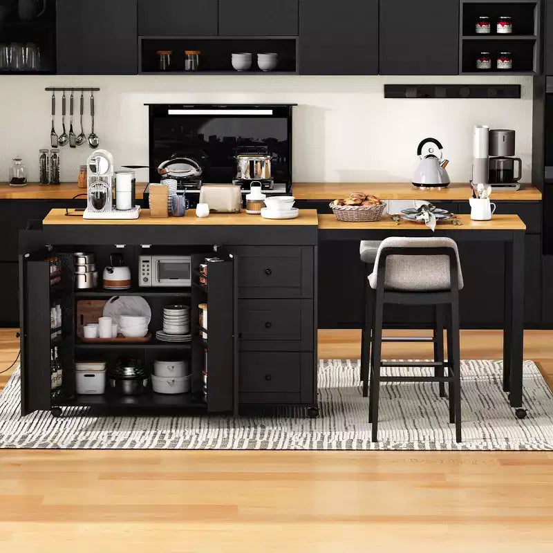 Îlot de cuisine avec table à manger extensible, 3 tiroirs, prise électrique, étagère à épices et placard