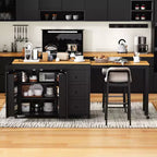 Îlot de cuisine avec table à manger extensible, 3 tiroirs, prise électrique, étagère à épices et placard