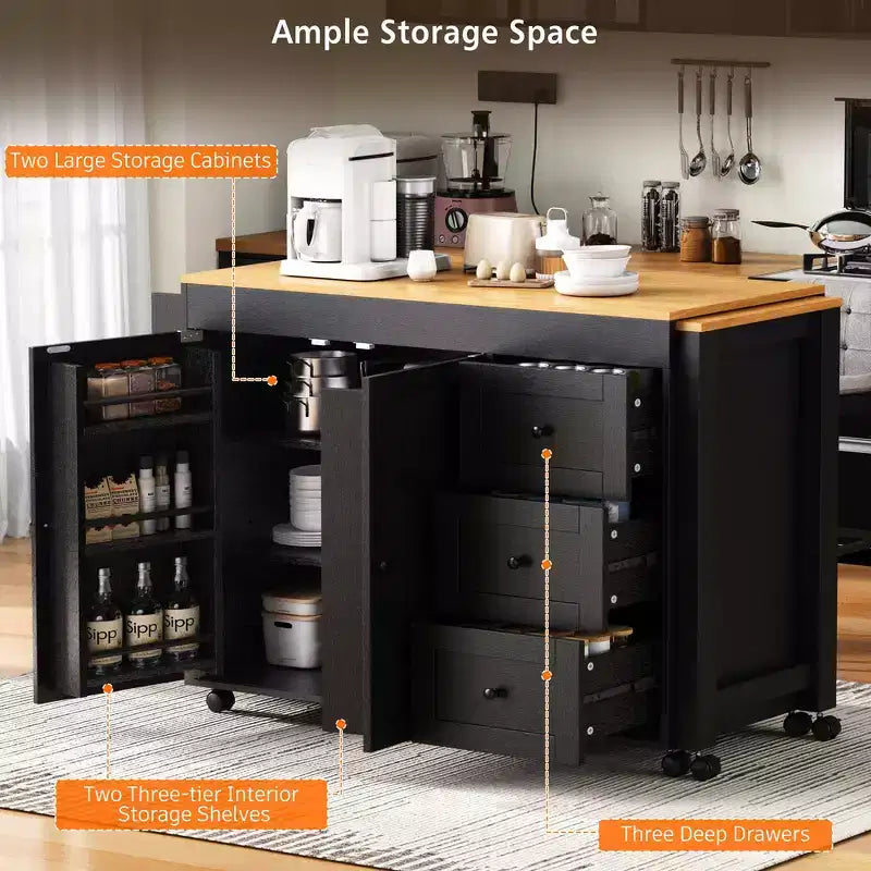 Îlot de cuisine avec table à manger extensible, 3 tiroirs, prise électrique, étagère à épices et placard