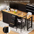 Îlot de cuisine avec table à manger extensible, 3 tiroirs, prise électrique, étagère à épices et placard