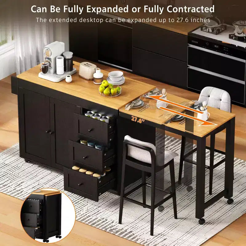 Îlot de cuisine avec table à manger extensible, 3 tiroirs, prise électrique, étagère à épices et placard