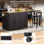Îlot de cuisine avec table à manger extensible, 3 tiroirs, prise électrique, étagère à épices et placard