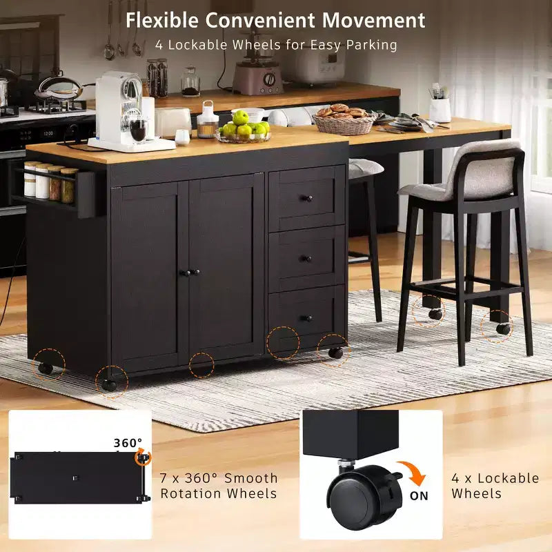 Îlot de cuisine avec table à manger extensible, 3 tiroirs, prise électrique, étagère à épices et placard