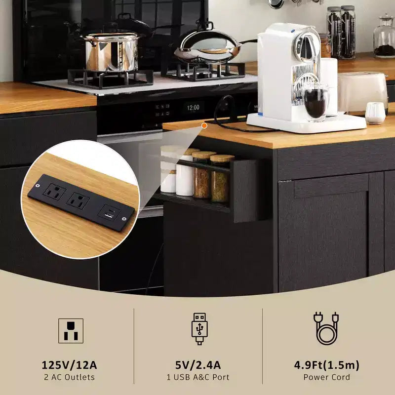 Îlot de cuisine avec table à manger extensible, 3 tiroirs, prise électrique, étagère à épices et placard