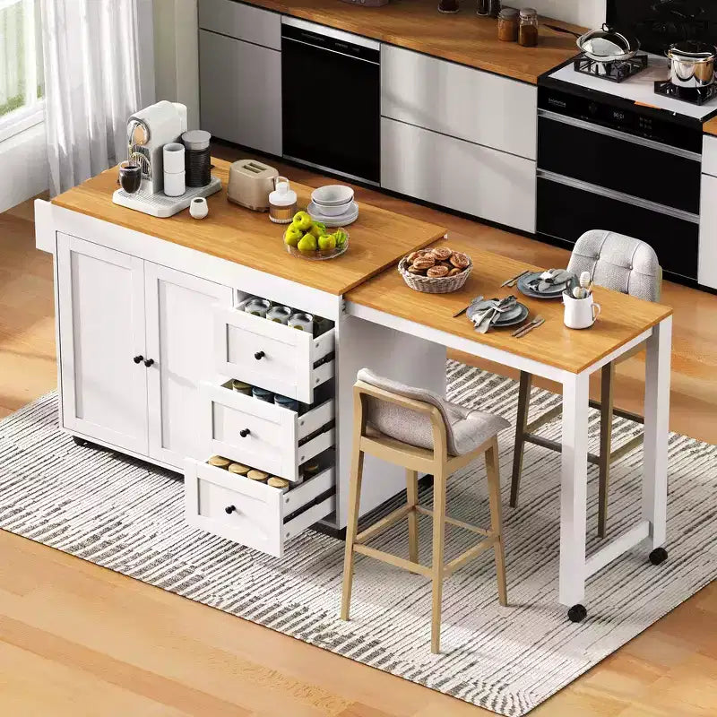 Îlot de cuisine avec table à manger extensible, 3 tiroirs, prise électrique, étagère à épices et placard
