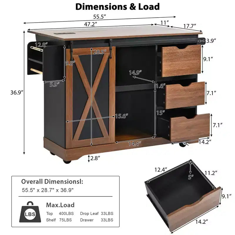 55,5" chariot de cuisine avec abattant, îlot de cuisine de rangement avec porte de grange, chariot de cuisine roulant, îlot de cuisine sur roulettes