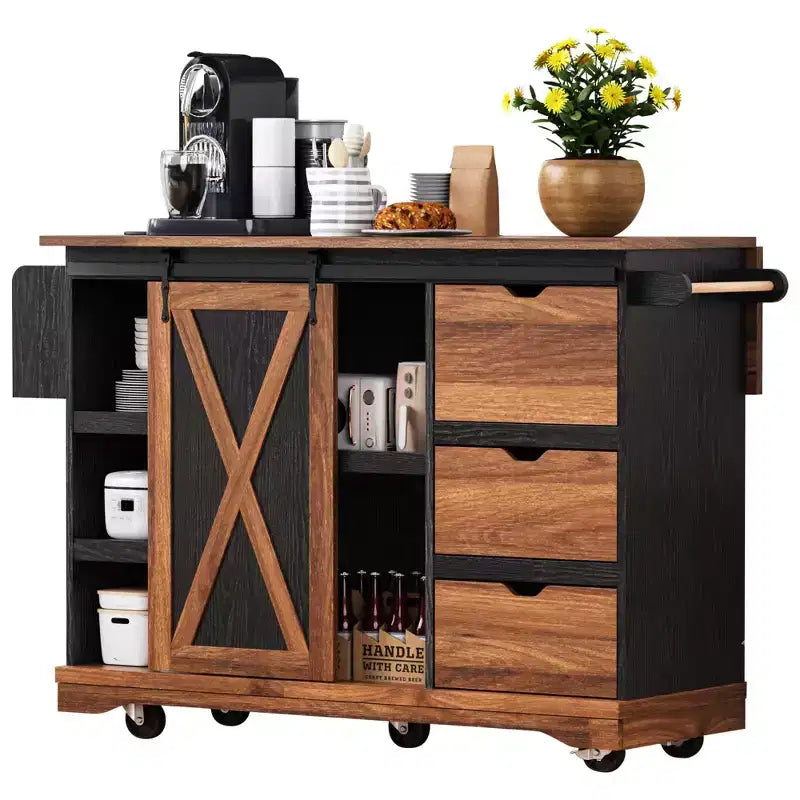 55,5" chariot de cuisine avec abattant, îlot de cuisine de rangement avec porte de grange, chariot de cuisine roulant, îlot de cuisine sur roulettes