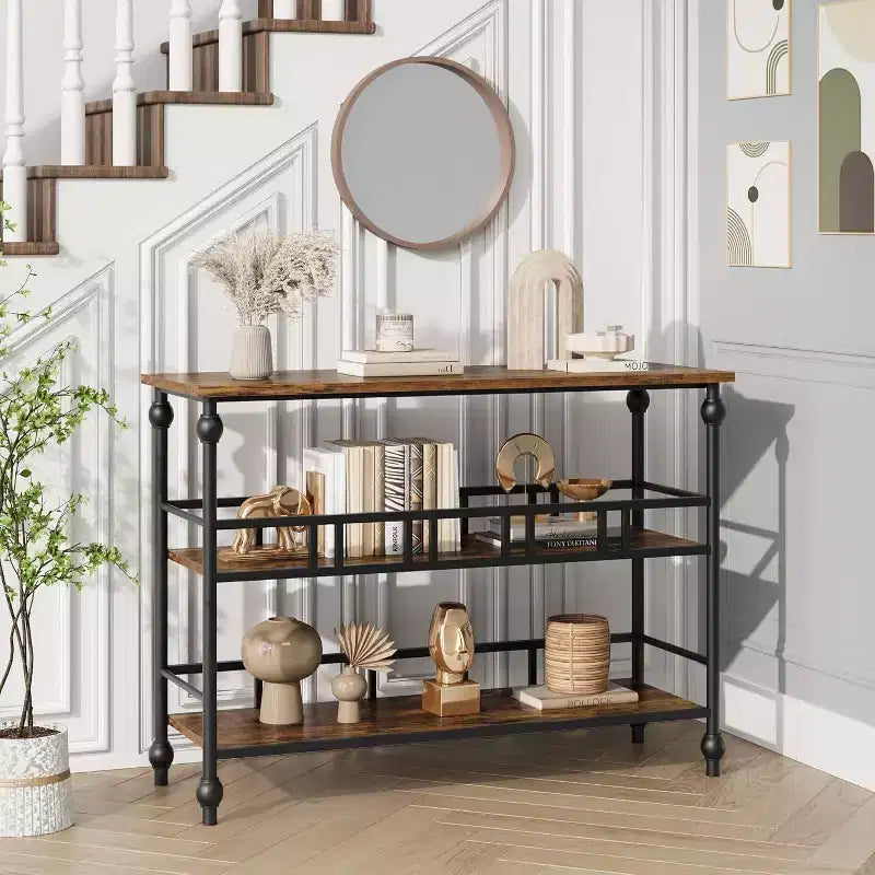 Console étroite de 109 cm de style ferme avec 2 étagères ouvertes, table d'appoint derrière le canapé