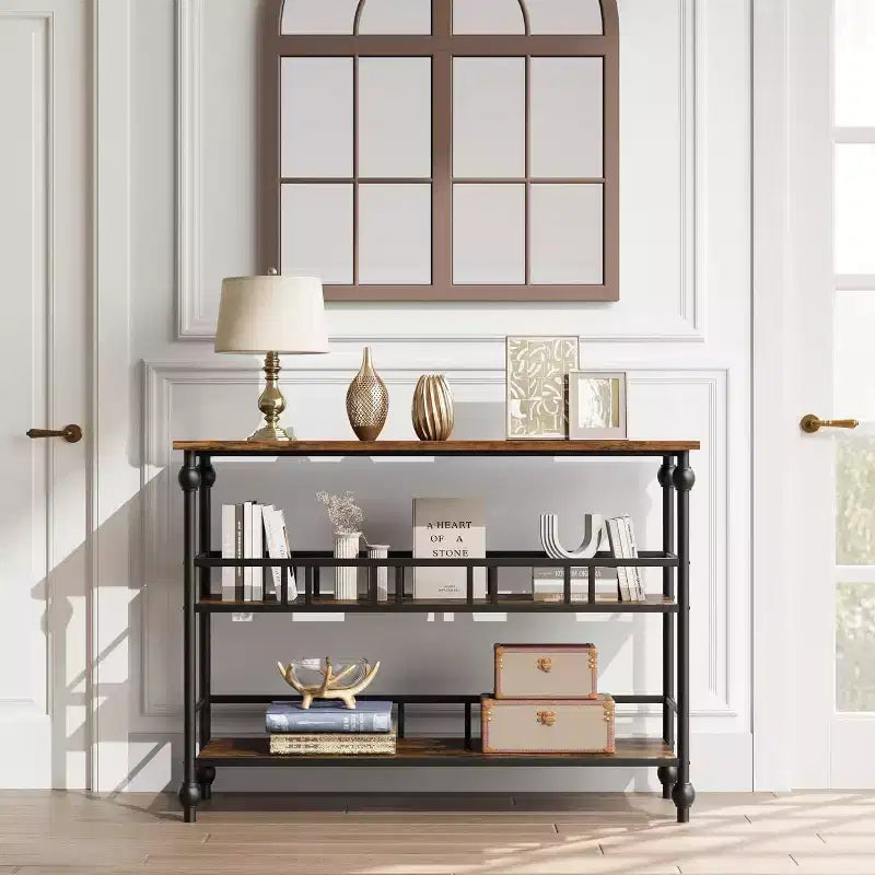 Console étroite de 109 cm de style ferme avec 2 étagères ouvertes, table d'appoint derrière le canapé