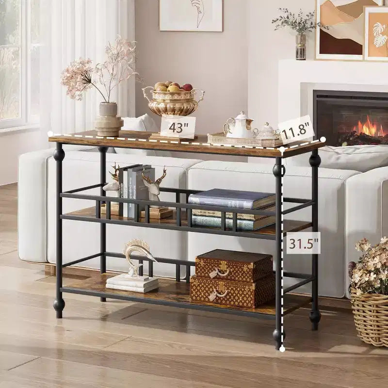 Console étroite de 109 cm de style ferme avec 2 étagères ouvertes, table d'appoint derrière le canapé