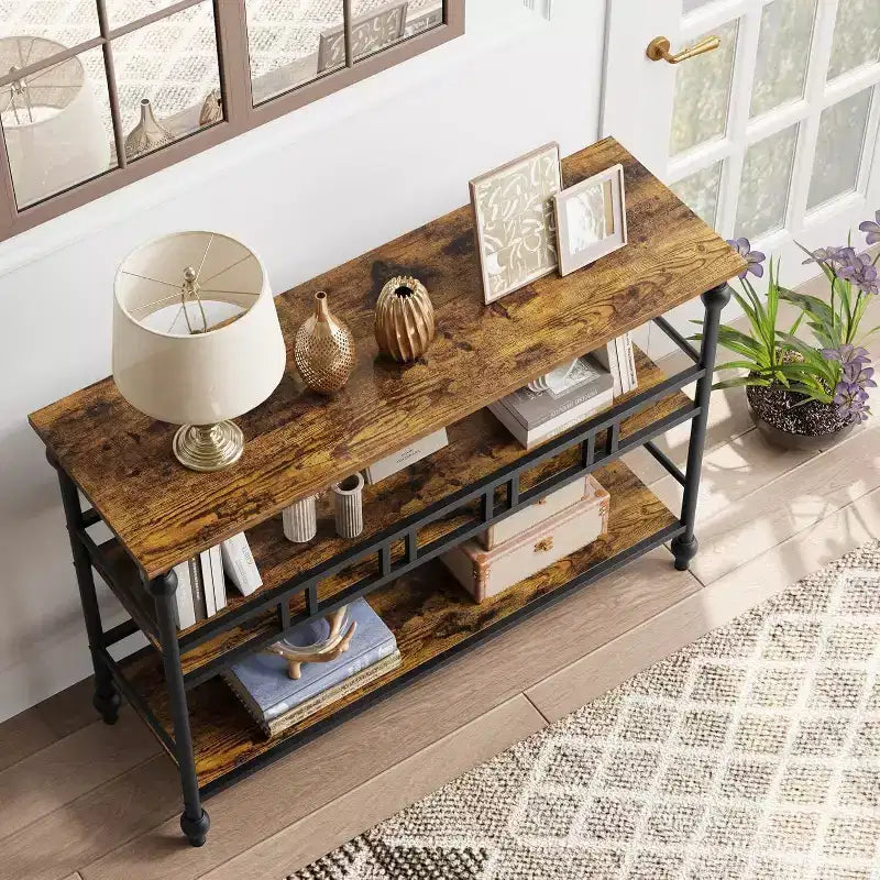 Console étroite de 109 cm de style ferme avec 2 étagères ouvertes, table d'appoint derrière le canapé