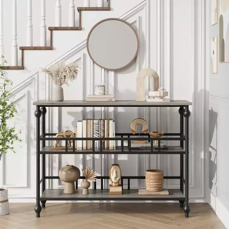 Console étroite de 109 cm de style ferme avec 2 étagères ouvertes, table d'appoint derrière le canapé