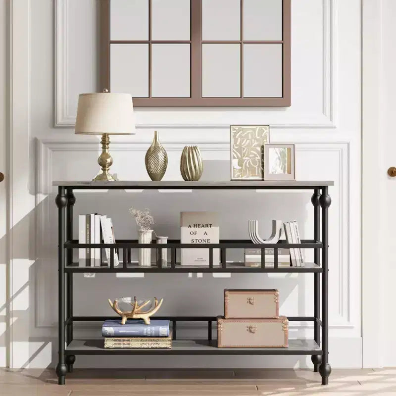 Console étroite de 109 cm de style ferme avec 2 étagères ouvertes, table d'appoint derrière le canapé