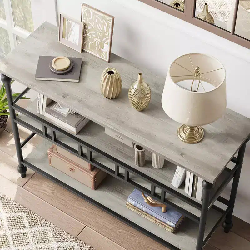 Console étroite de 109 cm de style ferme avec 2 étagères ouvertes, table d'appoint derrière le canapé