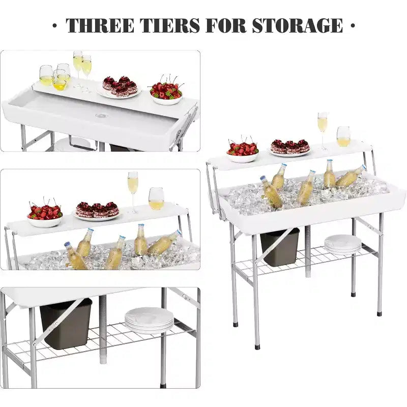 Table Glacière Pliante de 1,2 m avec Bouchon de Vidange, Table de Réfrigération Portable à Deux Niveaux pour Fêtes