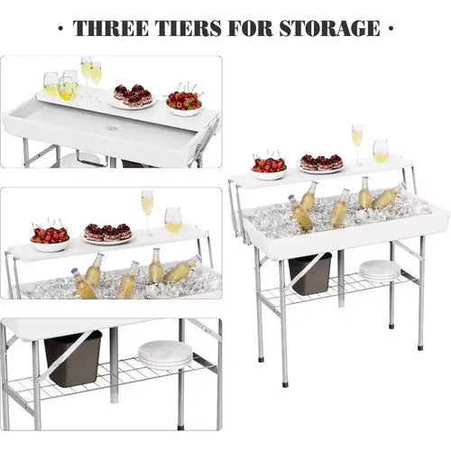 Table Glacière Pliante de 1,2 m avec Bouchon de Vidange, Table de Réfrigération Portable à Deux Niveaux pour Fêtes