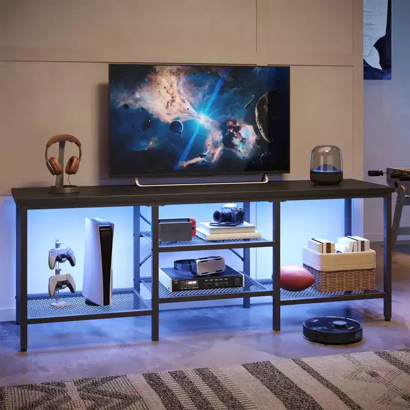 Meuble TV moderne à 3 niveaux en métal pour téléviseurs jusqu'à 75 pouces avec lumières LED et étagères réglables
