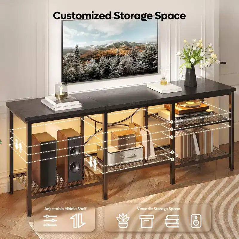 Meuble TV moderne à 3 niveaux en métal pour téléviseurs jusqu'à 75 pouces avec lumières LED et étagères réglables