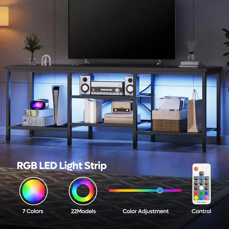 Meuble TV moderne à 3 niveaux en métal pour téléviseurs jusqu'à 75 pouces avec lumières LED et étagères réglables