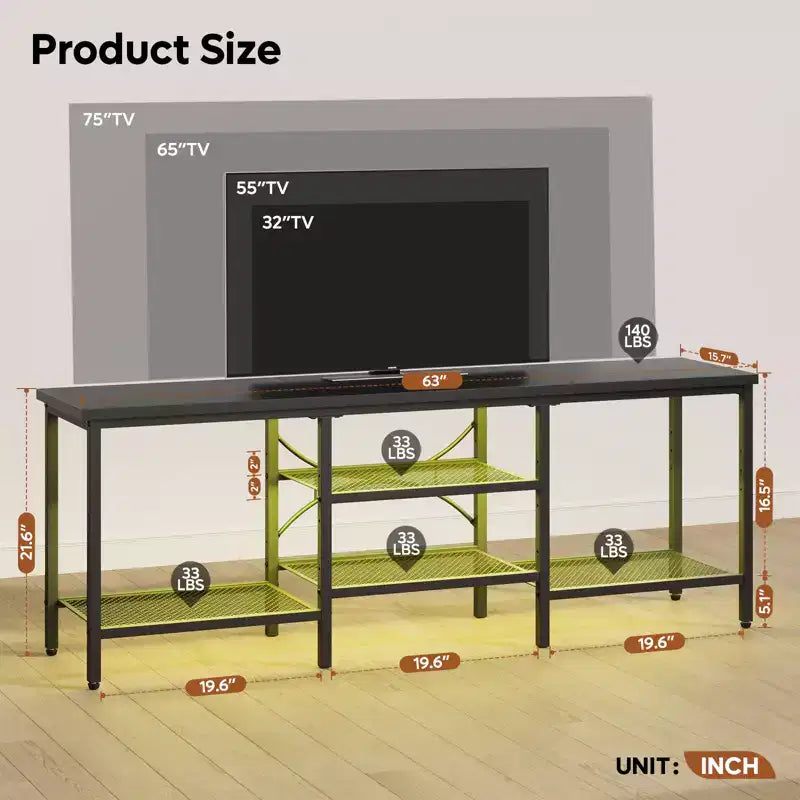 Meuble TV moderne à 3 niveaux en métal pour téléviseurs jusqu'à 75 pouces avec lumières LED et étagères réglables
