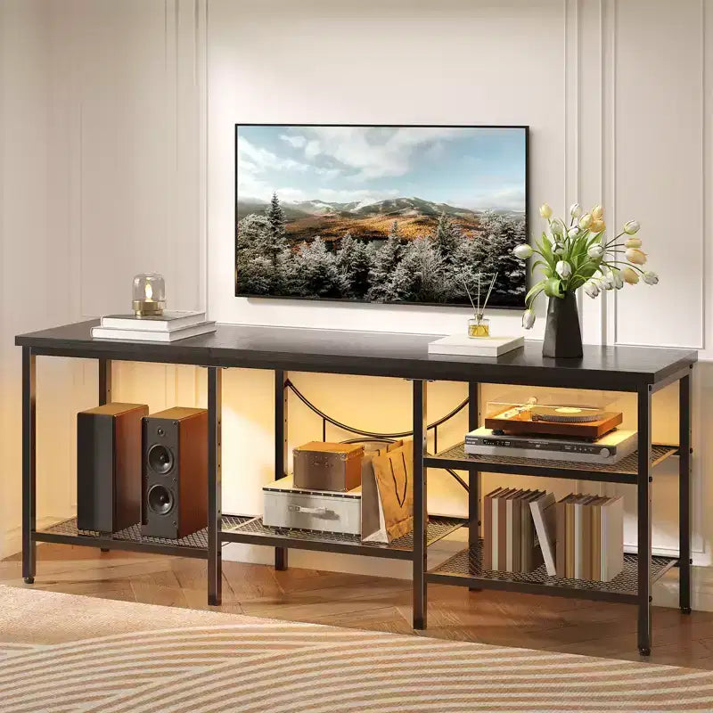 PINMOCO 3-Tier Modern Metal TV Stand for TV's up to 75 inch with LED Lights and Adjustable Shelves