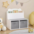 Kids Bookshelf with Storage Bins C Wooden Bookcase with Book Display Shelf and 2 Fabric Bins, Cute Bear-Shaped Backboard