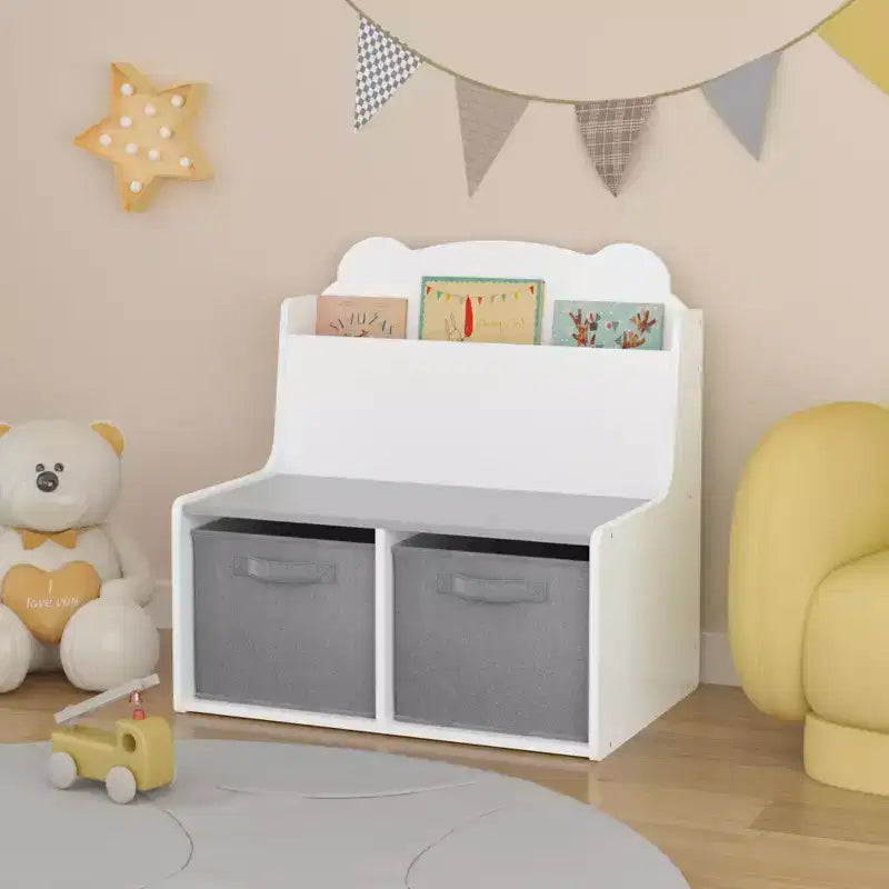 Étagère à livres pour enfants avec bacs de rangement C Bibliothèque en bois avec étagère de présentation de livres et 2 bacs en tissu, panneau arrière en forme d'ours mignon