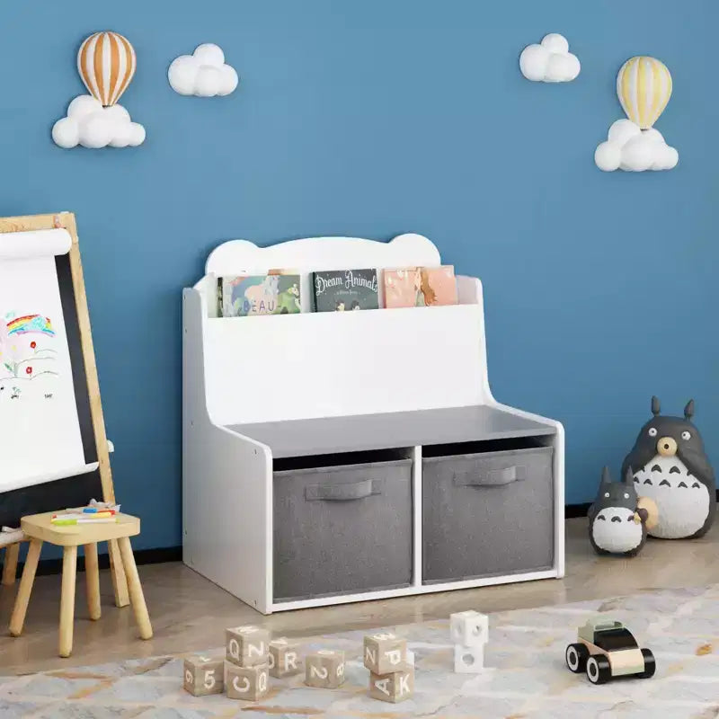Étagère à livres pour enfants avec bacs de rangement C Bibliothèque en bois avec étagère de présentation de livres et 2 bacs en tissu, panneau arrière en forme d'ours mignon