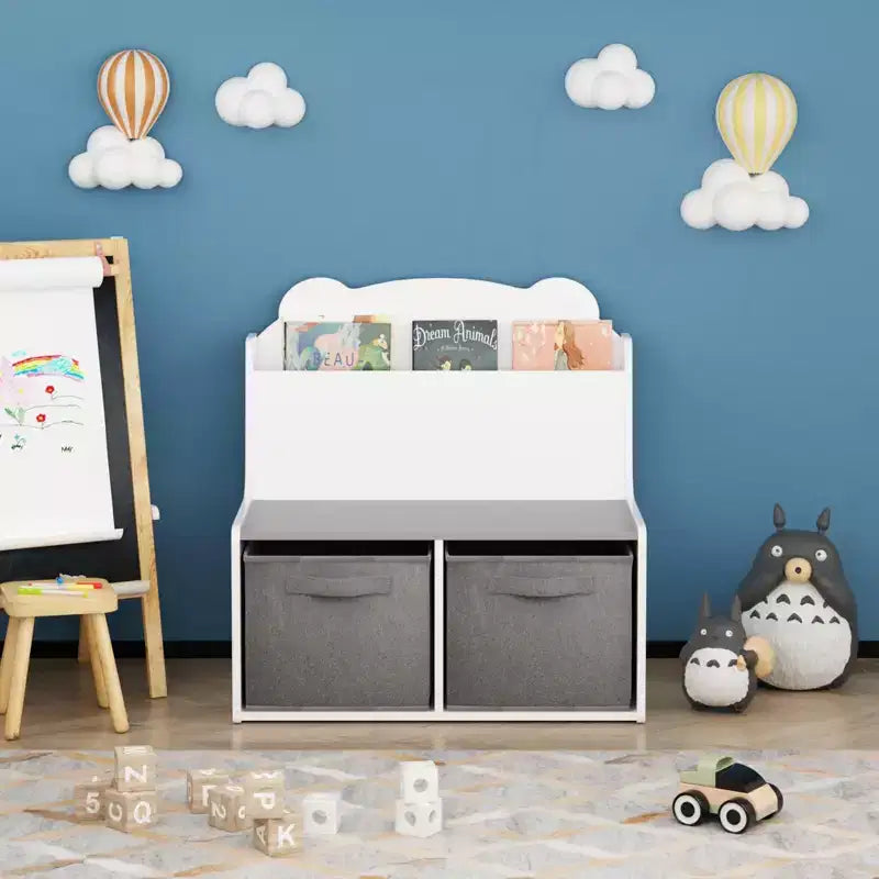 Étagère à livres pour enfants avec bacs de rangement C Bibliothèque en bois avec étagère de présentation de livres et 2 bacs en tissu, panneau arrière en forme d'ours mignon