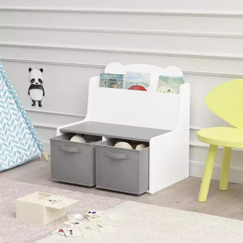 Étagère à livres pour enfants avec bacs de rangement C Bibliothèque en bois avec étagère de présentation de livres et 2 bacs en tissu, panneau arrière en forme d'ours mignon