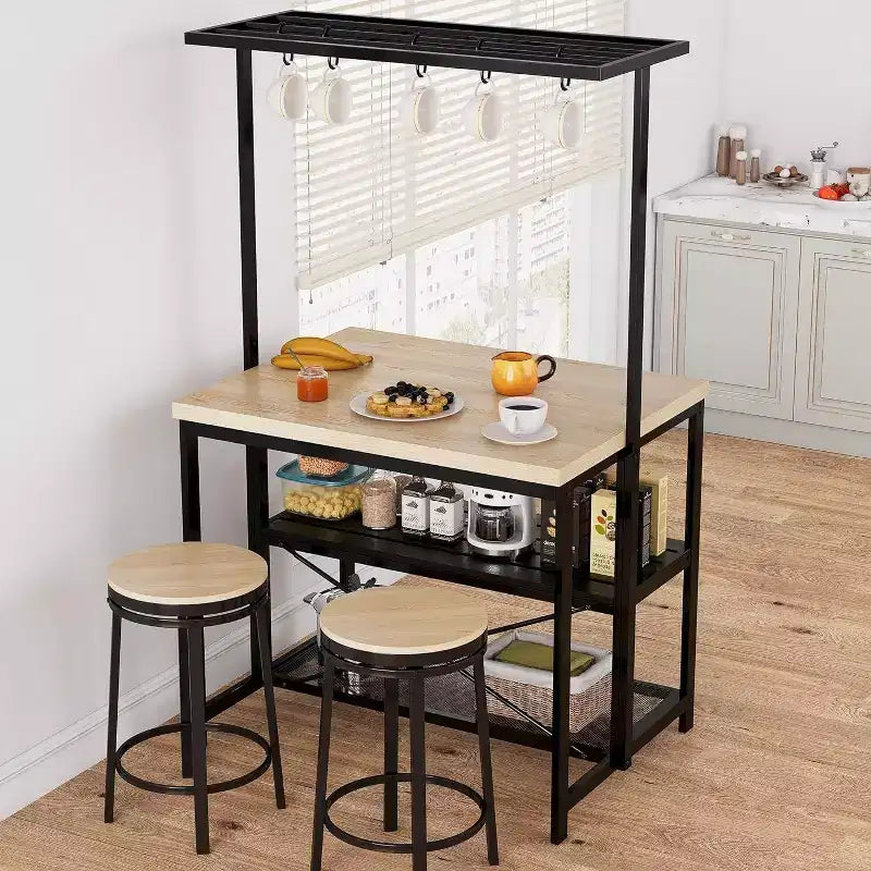 Table de salle à manger et îlot de cuisine double face avec étagères à 3 niveaux et chariot roulant à 4 places