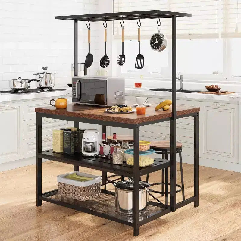 Table de salle à manger et îlot de cuisine double face avec étagères à 3 niveaux et chariot roulant à 4 places
