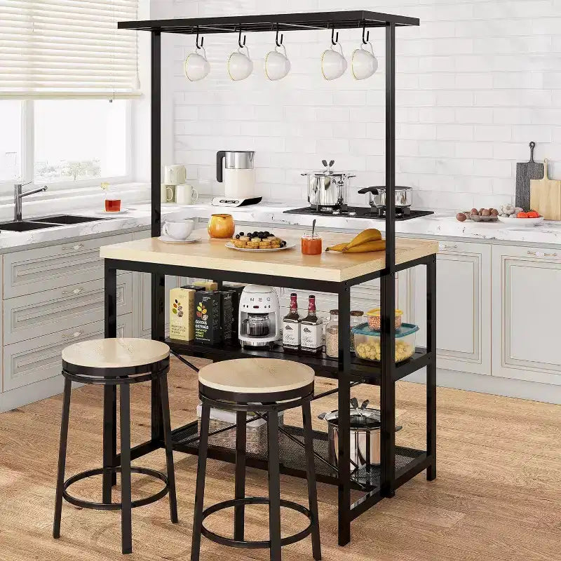 Table de salle à manger et îlot de cuisine double face avec étagères à 3 niveaux et chariot roulant à 4 places