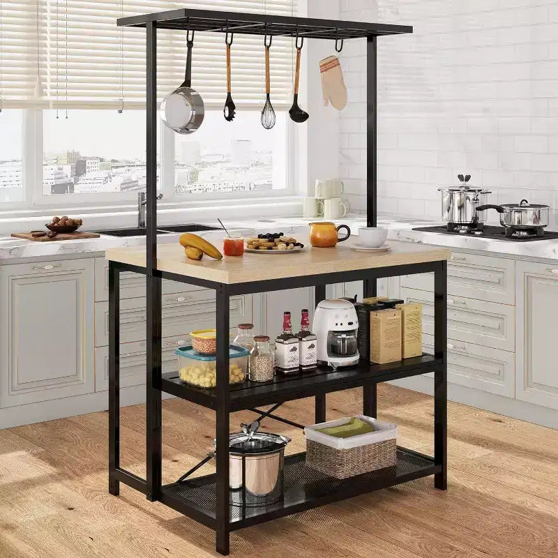 Table de salle à manger et îlot de cuisine double face avec étagères à 3 niveaux et chariot roulant à 4 places