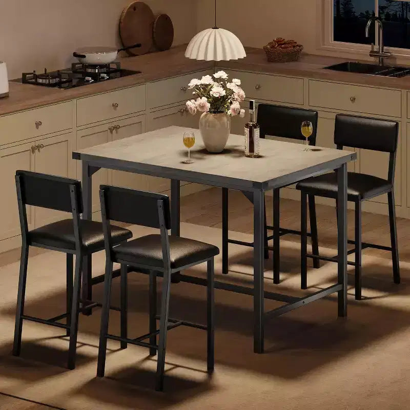 Ensemble de table à manger pour 4 personnes, table à manger rectangulaire avec cadre en métal et panneau MDF, table de cuisine en bois avec chaises rembourrées pour petit appartement