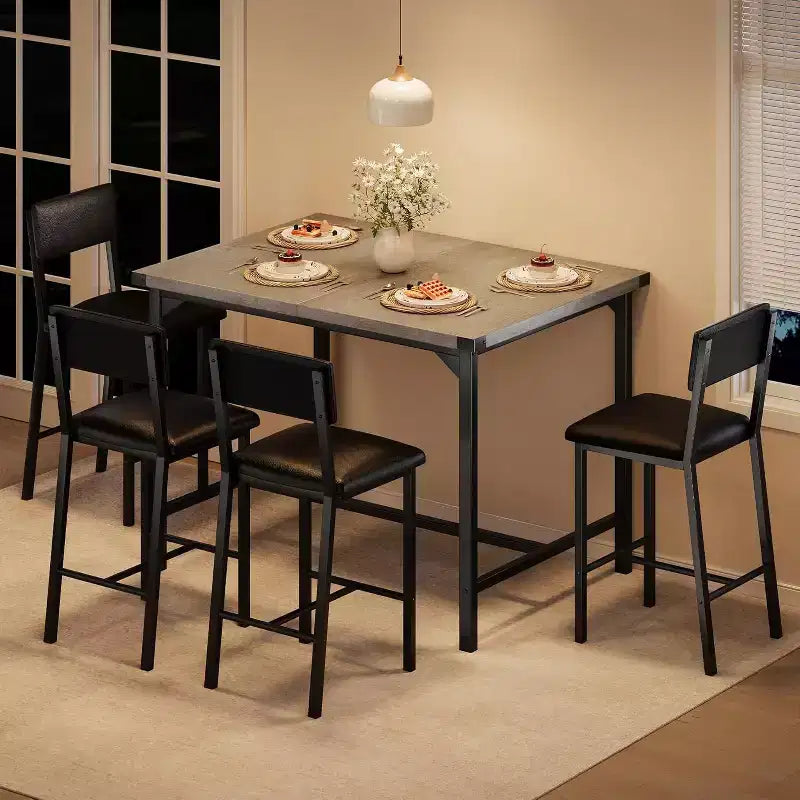 Ensemble de table à manger pour 4 personnes, table à manger rectangulaire avec cadre en métal et panneau MDF, table de cuisine en bois avec chaises rembourrées pour petit appartement