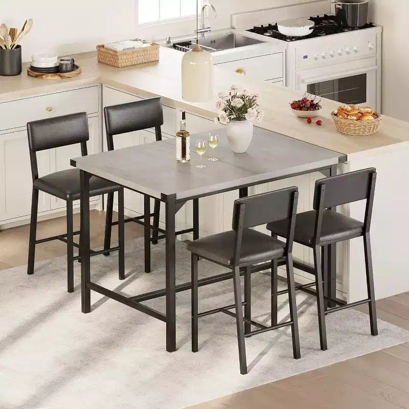 Ensemble de table à manger pour 4 personnes, table à manger rectangulaire avec cadre en métal et panneau MDF, table de cuisine en bois avec chaises rembourrées pour petit appartement
