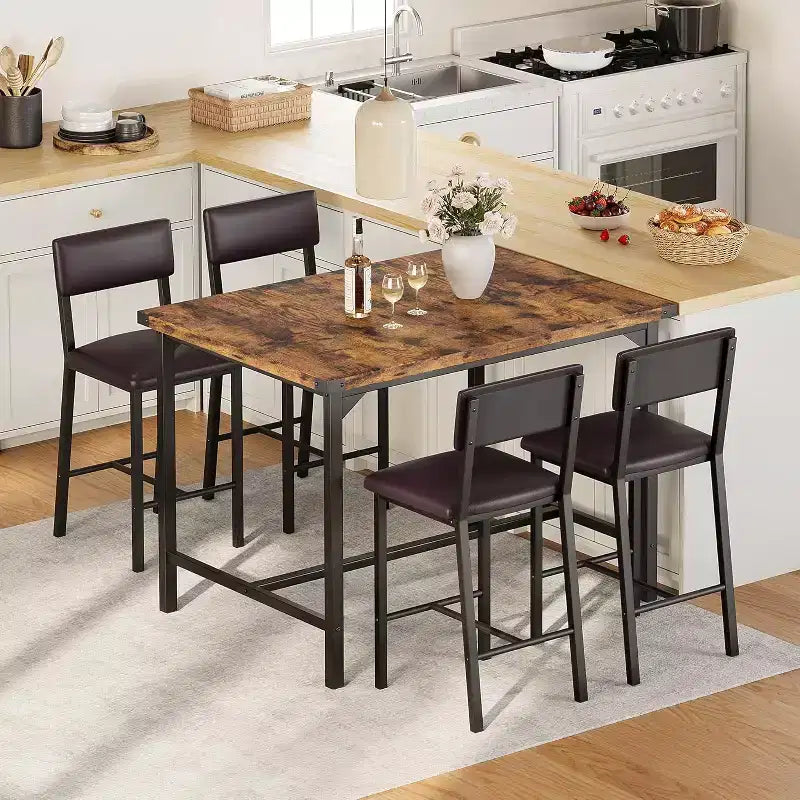 Ensemble de table à manger pour 4 personnes, table à manger rectangulaire avec cadre en métal et panneau MDF, table de cuisine en bois avec chaises rembourrées pour petit appartement
