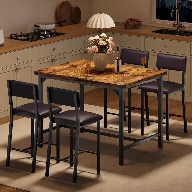 Ensemble de table à manger pour 4 personnes, table à manger rectangulaire avec cadre en métal et panneau MDF, table de cuisine en bois avec chaises rembourrées pour petit appartement