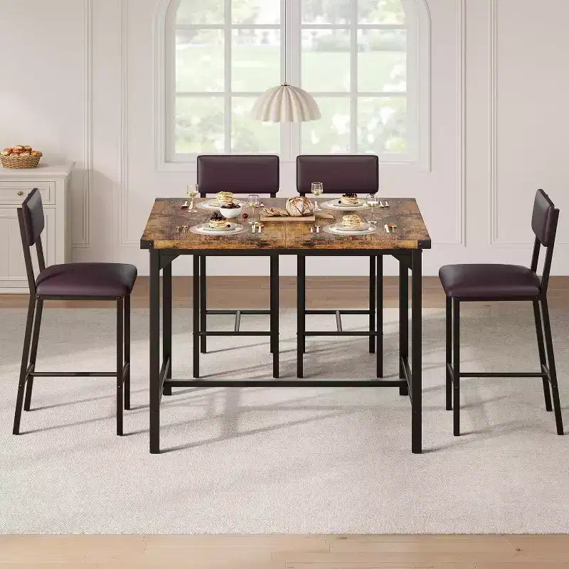 Ensemble de table à manger pour 4 personnes, table à manger rectangulaire avec cadre en métal et panneau MDF, table de cuisine en bois avec chaises rembourrées pour petit appartement