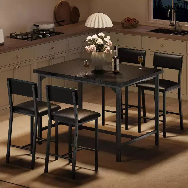 Ensemble de table à manger pour 4 personnes, table à manger rectangulaire avec cadre en métal et panneau MDF, table de cuisine en bois avec chaises rembourrées pour petit appartement