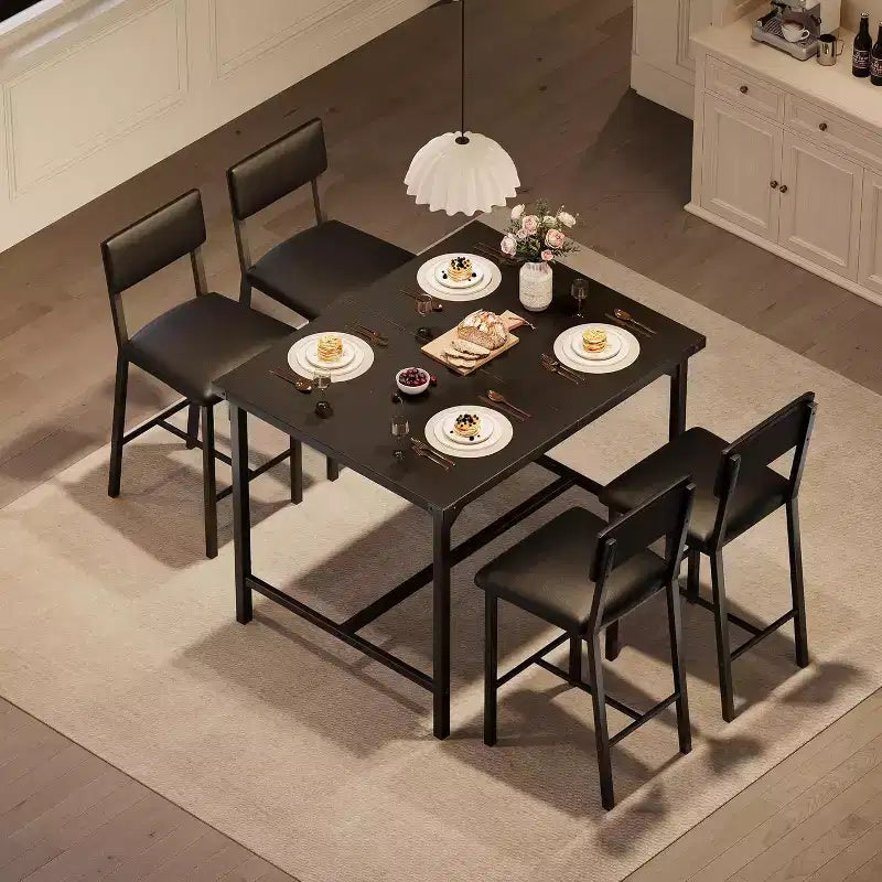 Ensemble de table à manger pour 4 personnes, table à manger rectangulaire avec cadre en métal et panneau MDF, table de cuisine en bois avec chaises rembourrées pour petit appartement