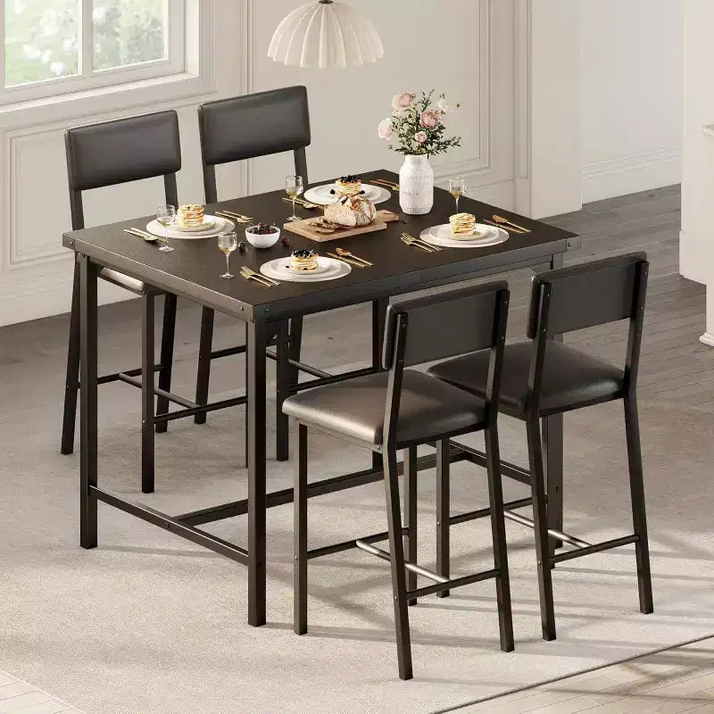 Dining Table Set for 4, Rectangle Dining Table with Metal Frame & MDF Board, Wood Kitchen Table with Upholstered Chairs for Small Apartment
